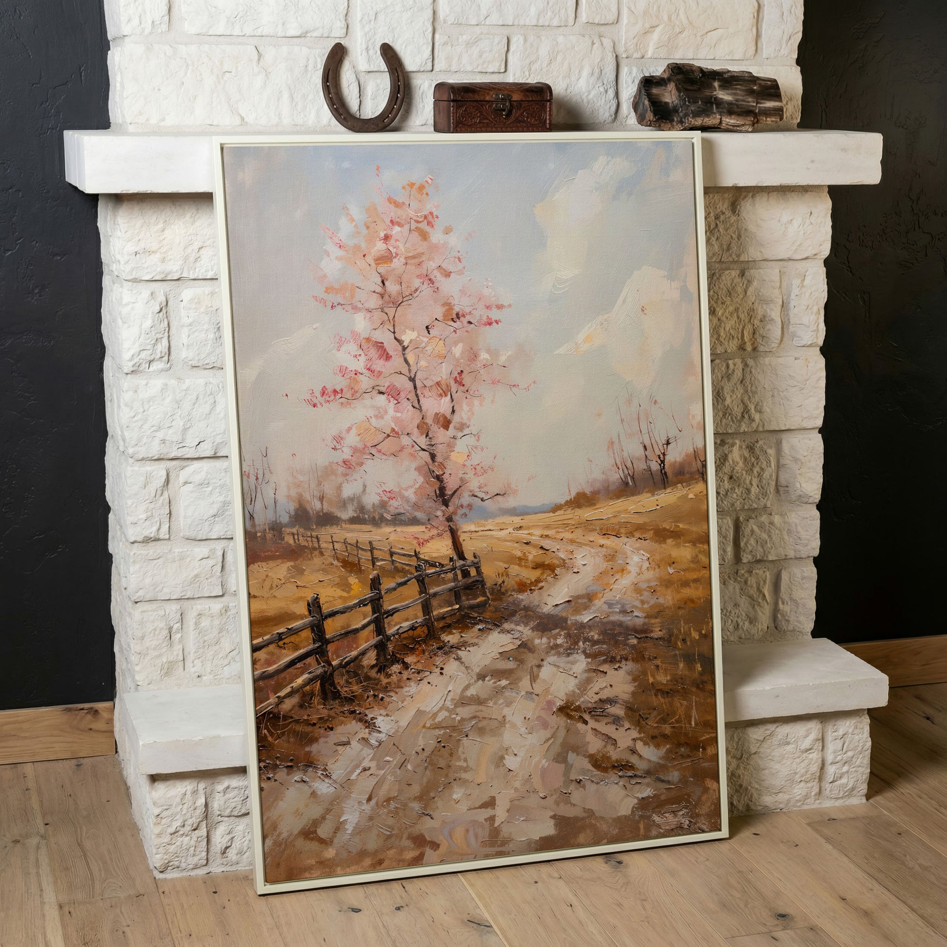 Autumn Country Road with Pink Tree Canvas in white floating frame