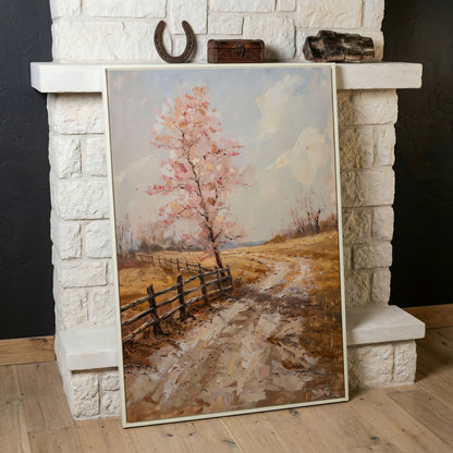 Autumn Country Road with Pink Tree Canvas in white floating frame