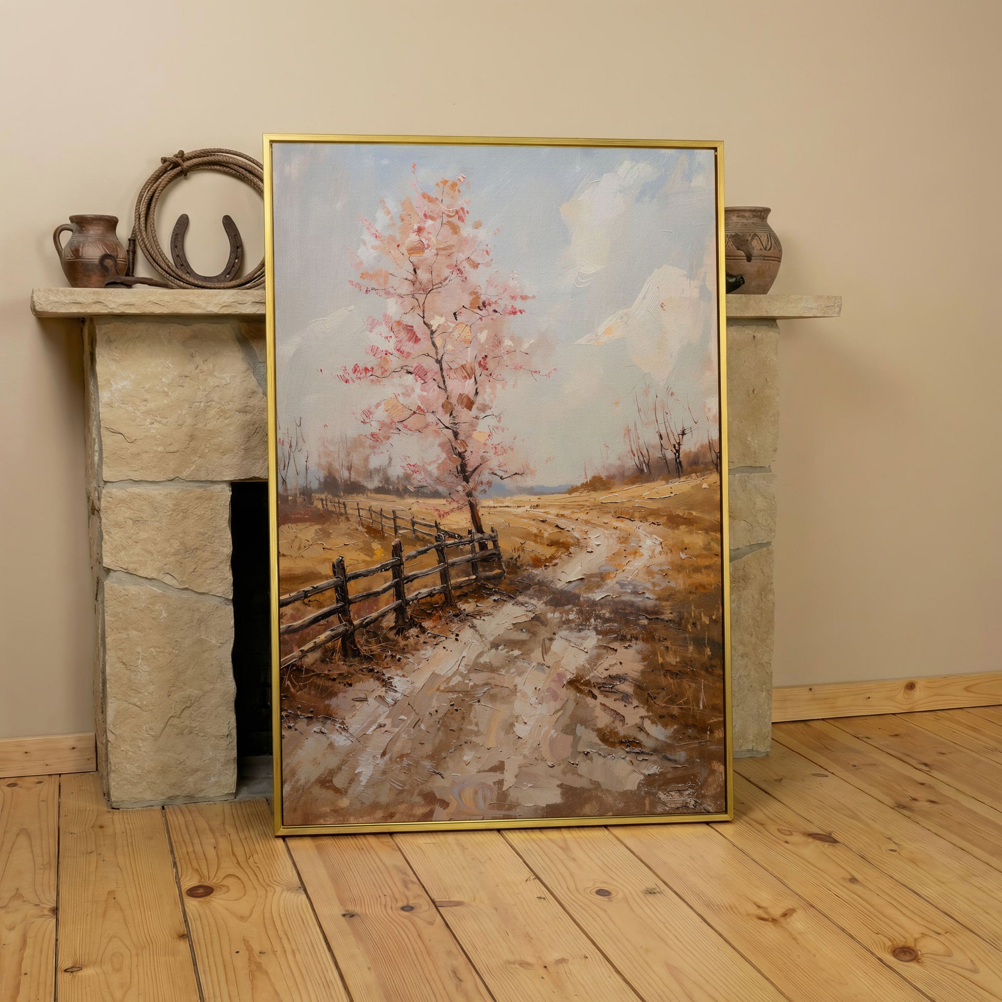 Autumn Country Road with Pink Tree Canvas in yellow gold floating frame