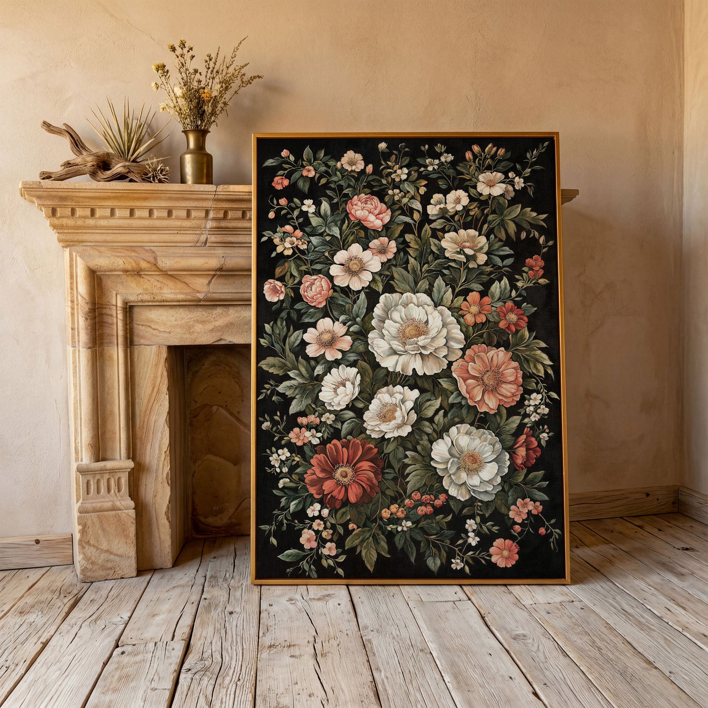 Dark Botanical Floral Canvas Print with Vintage Character in antique gold floating frame