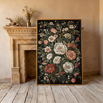 Dark Botanical Floral Canvas Print with Vintage Character in antique gold floating frame