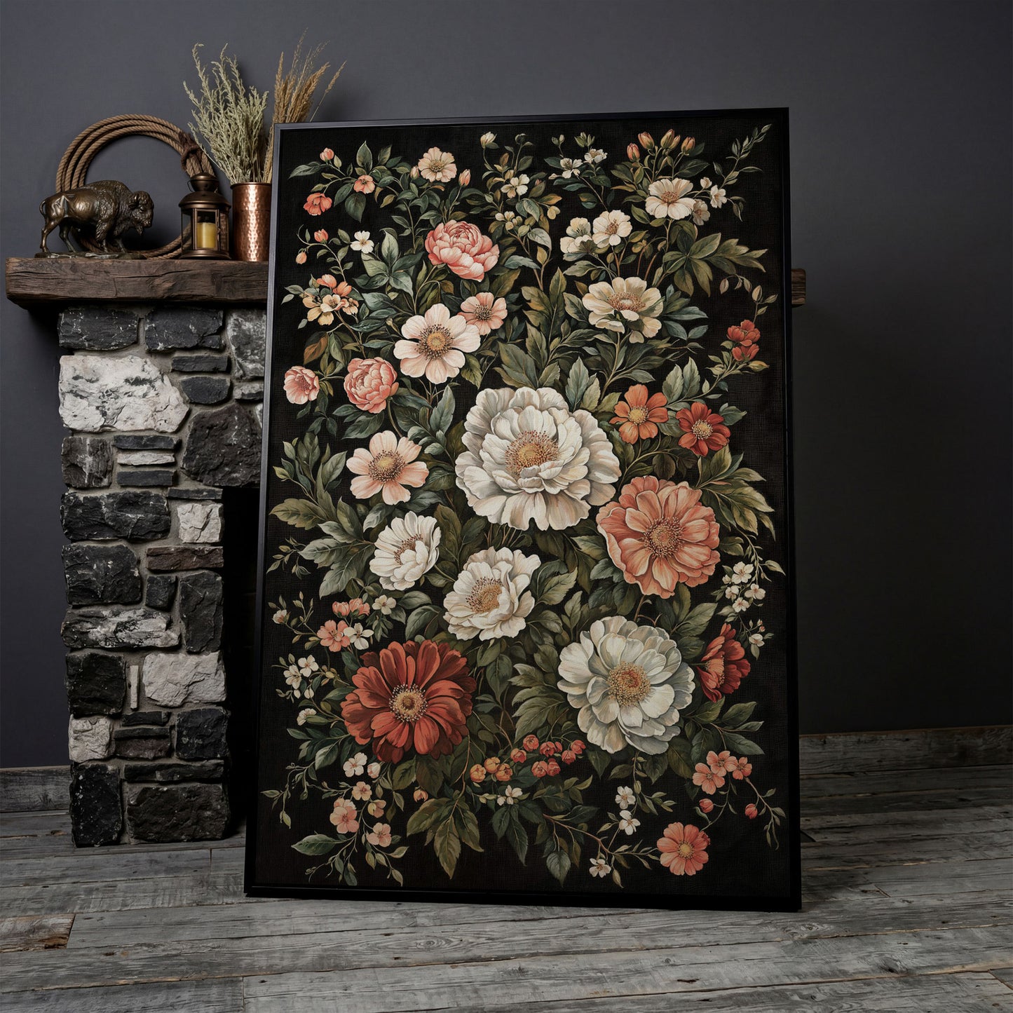 Dark Botanical Floral Canvas Print with Vintage Character in black floating frame