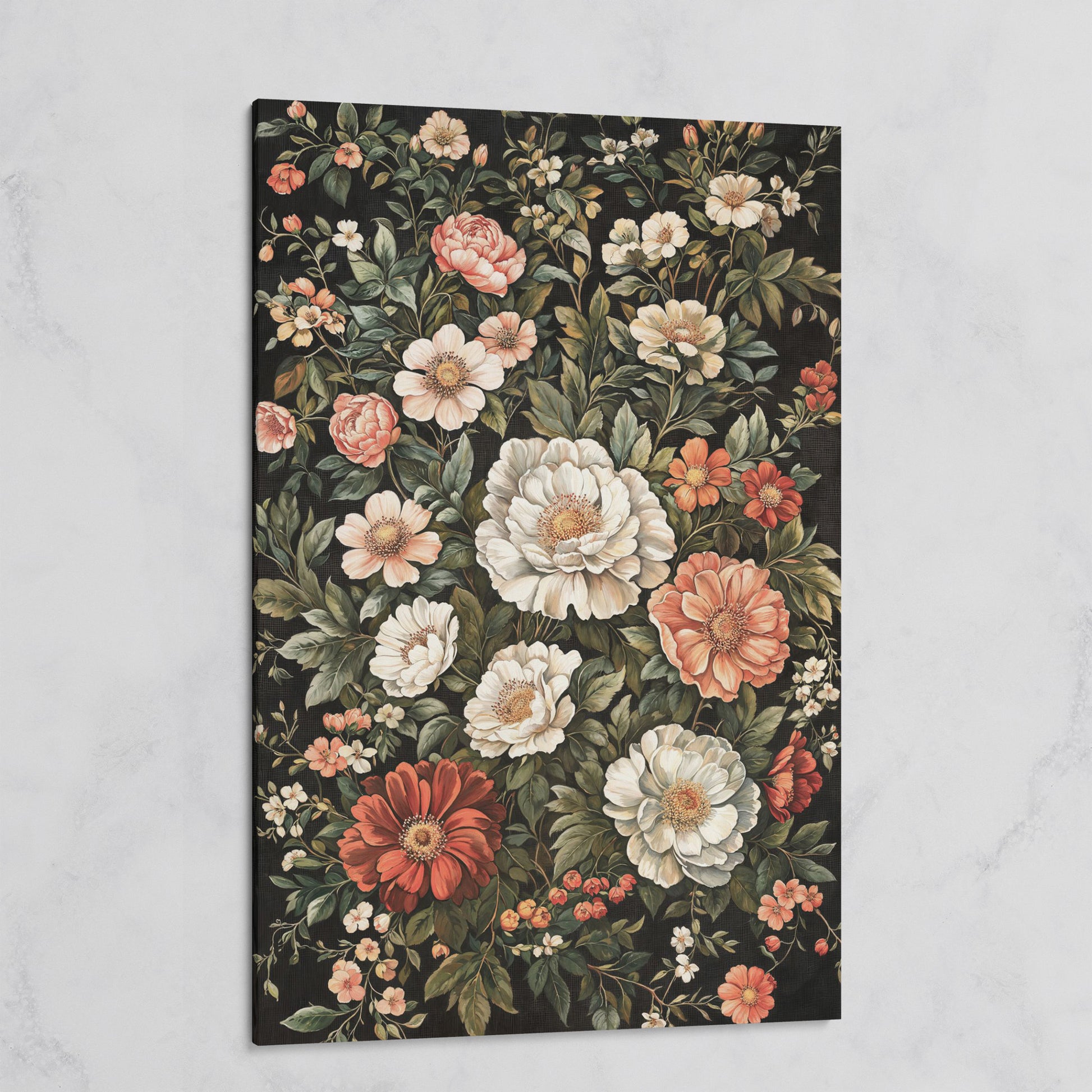 Dark Botanical Floral Canvas Print with Vintage Character on gallery wrap