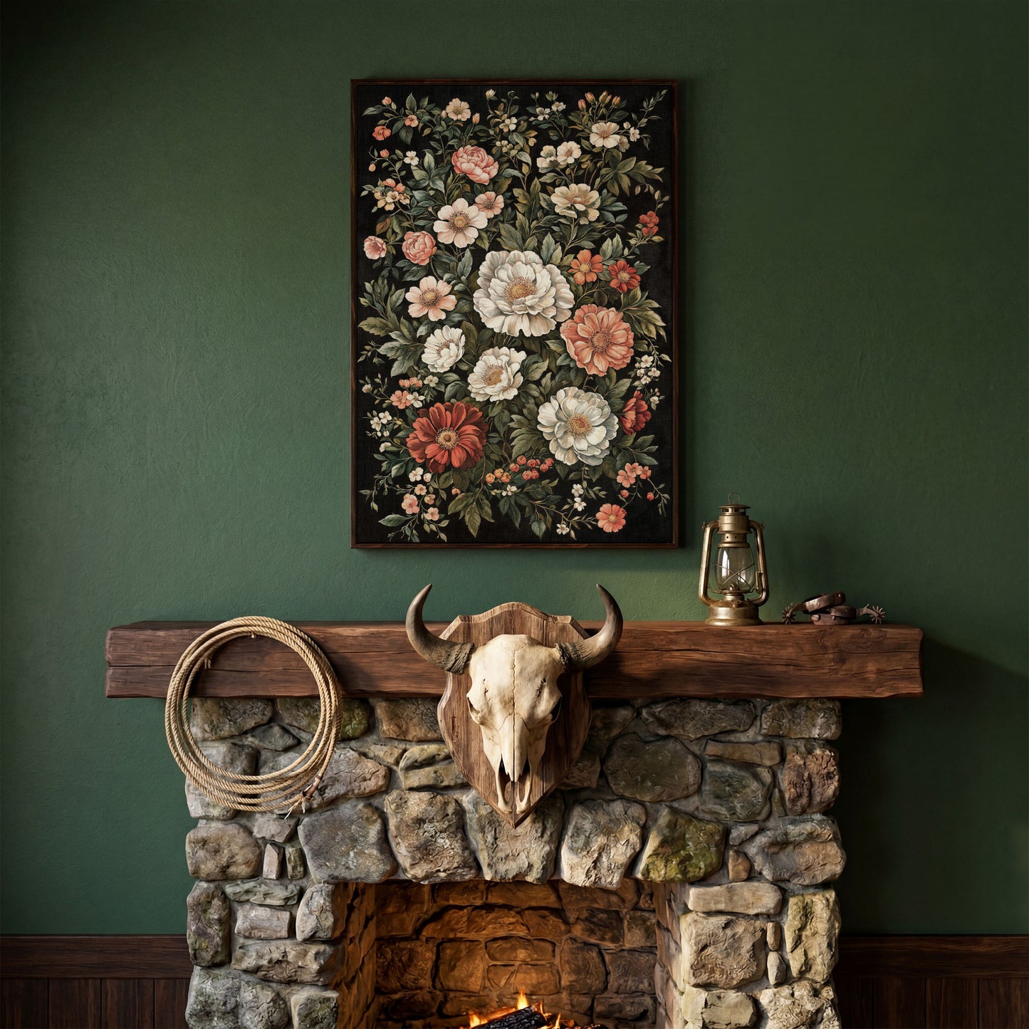Dark Botanical Floral Canvas Print with Vintage Character in dark walnut floating frame