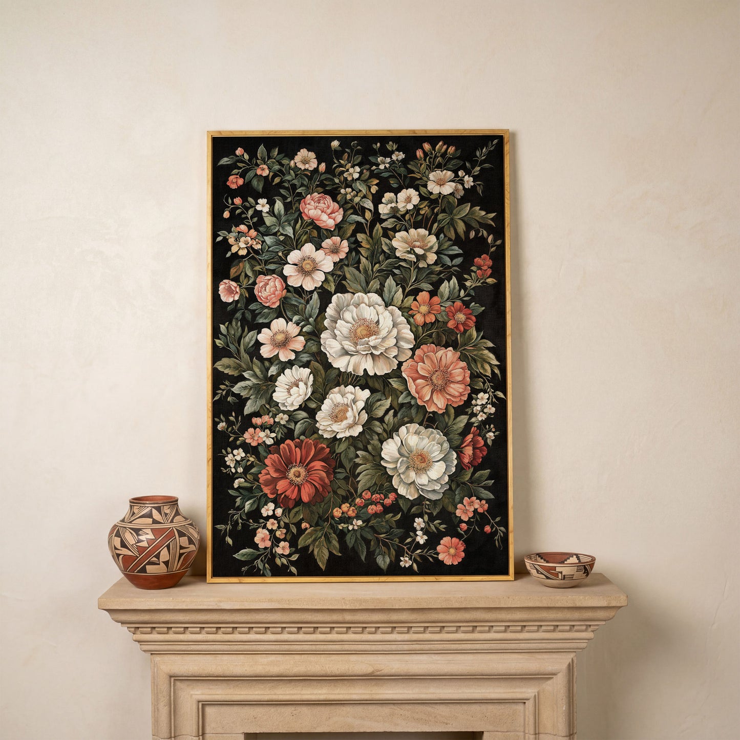 Dark Botanical Floral Canvas Print with Vintage Character in white oak floating frame