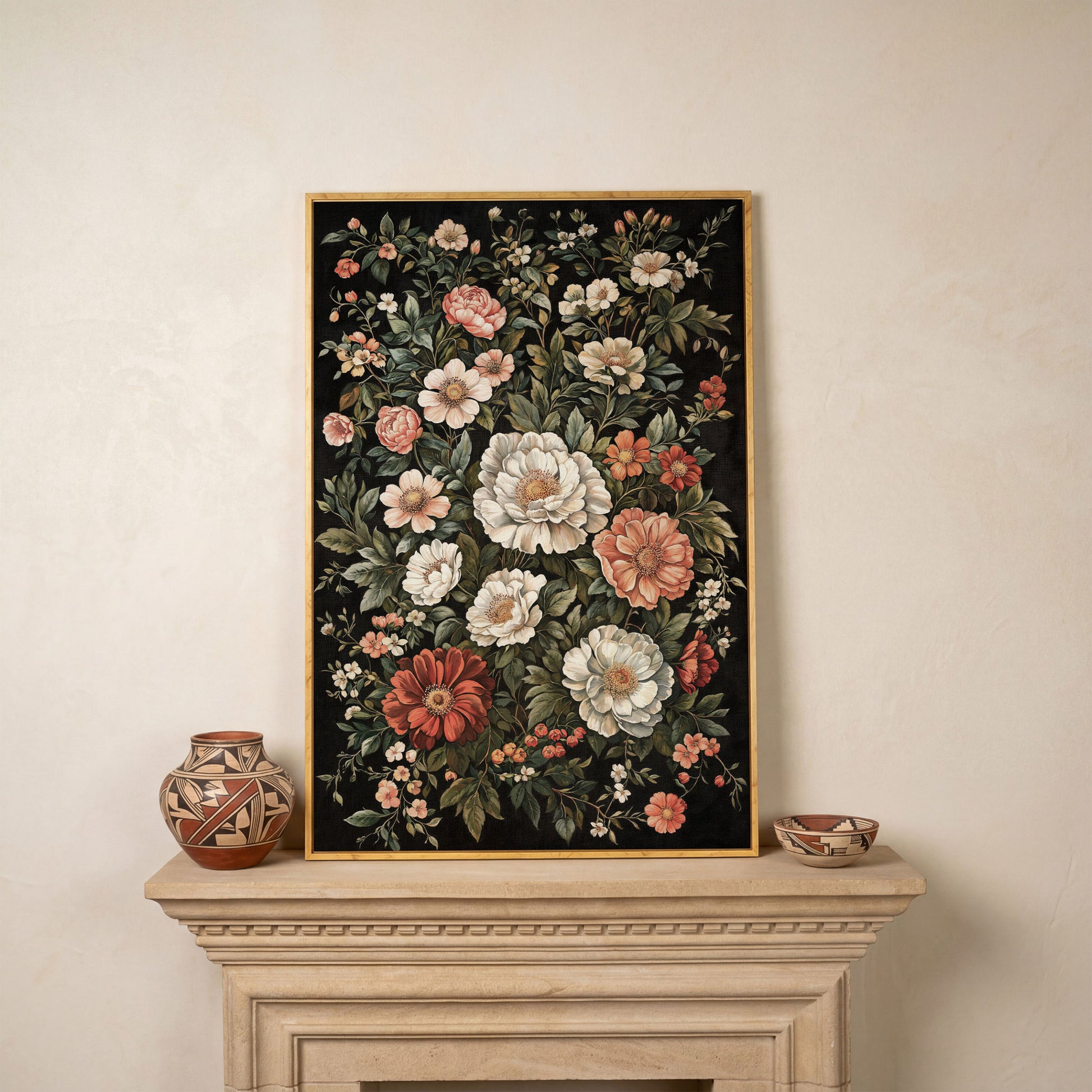 Dark Botanical Floral Canvas Print with Vintage Character in white oak floating frame