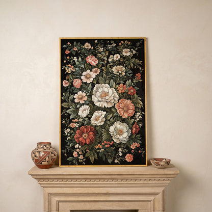 Dark Botanical Floral Canvas Print with Vintage Character in white oak floating frame
