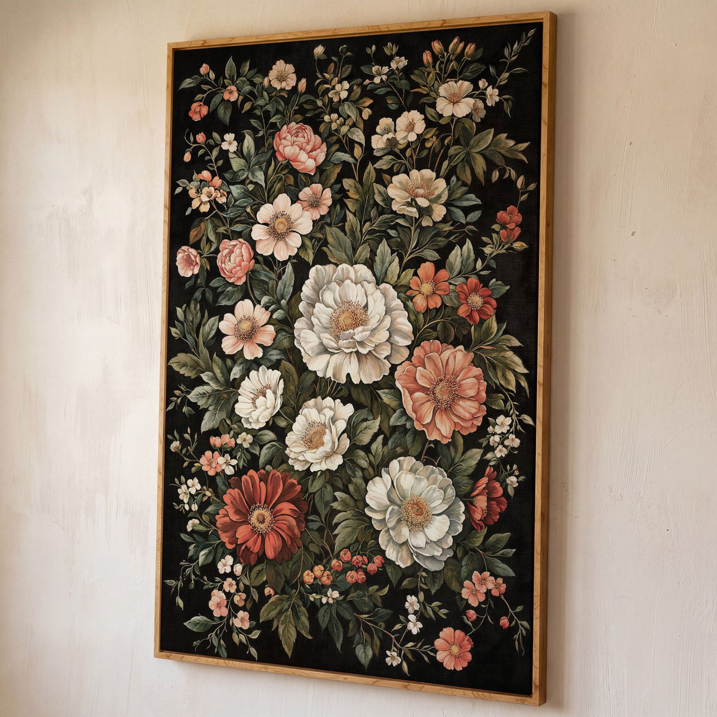 Dark Botanical Floral Canvas Print with Vintage Character shown in white oak floating frame