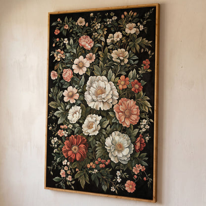 Dark Botanical Floral Canvas Print with Vintage Character shown in white oak floating frame