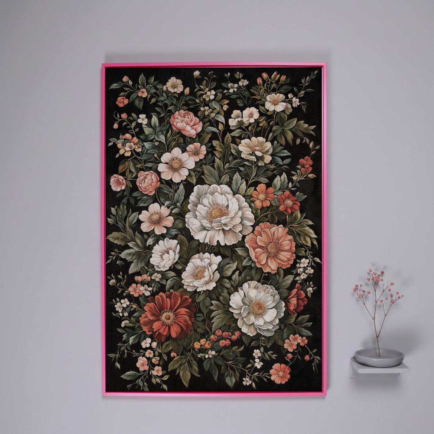 Dark Botanical Floral Canvas Print with Vintage Character in pink floating frame