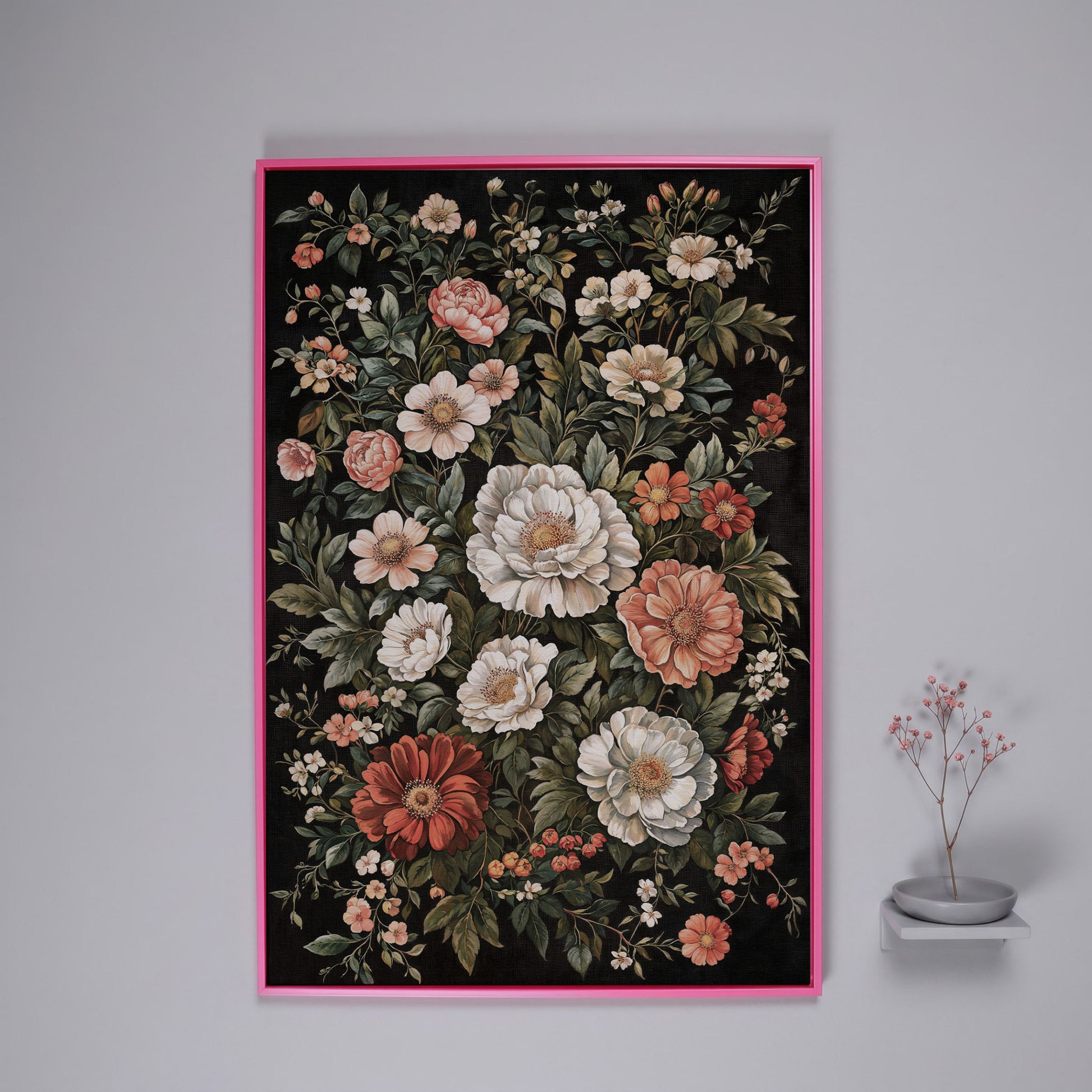 Dark Botanical Floral Canvas Print with Vintage Character in pink floating frame