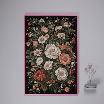 Dark Botanical Floral Canvas Print with Vintage Character in pink floating frame