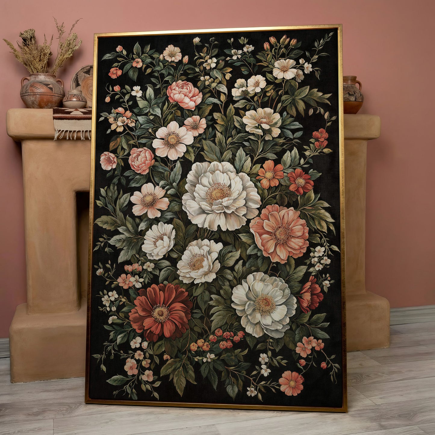 Dark Botanical Floral Canvas Print with Vintage Character in rose gold floating frame