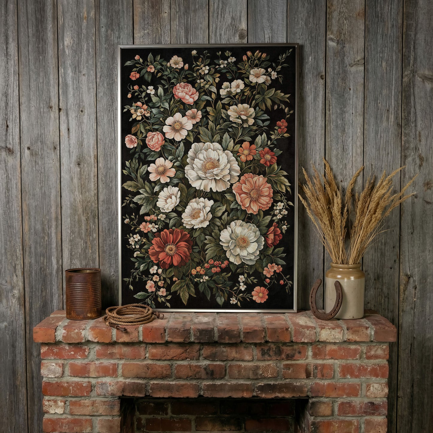 Dark Botanical Floral Canvas Print with Vintage Character in silver floating frame