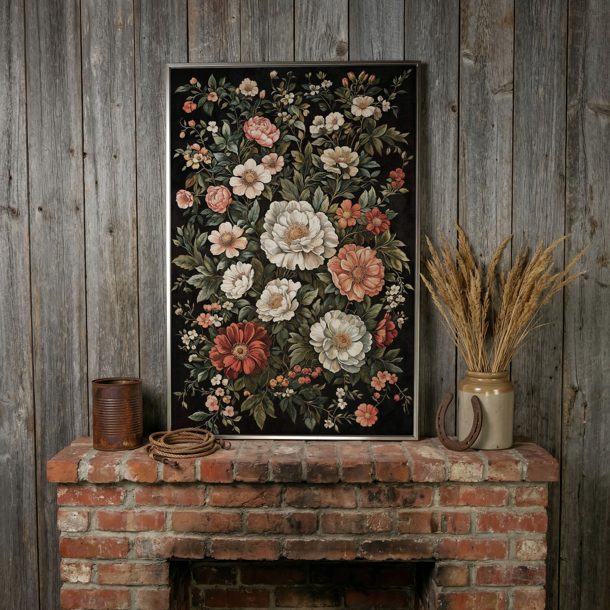 Dark Botanical Floral Canvas Print with Vintage Character in silver floating frame