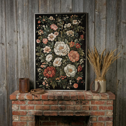 Dark Botanical Floral Canvas Print with Vintage Character in silver floating frame