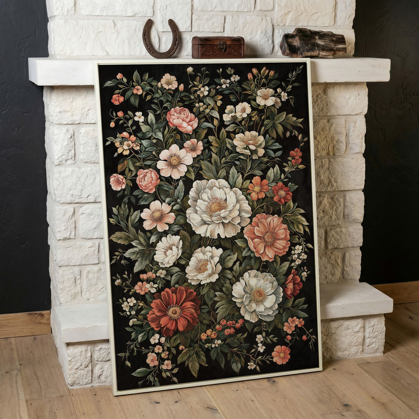Dark Botanical Floral Canvas Print with Vintage Character in white floating frame