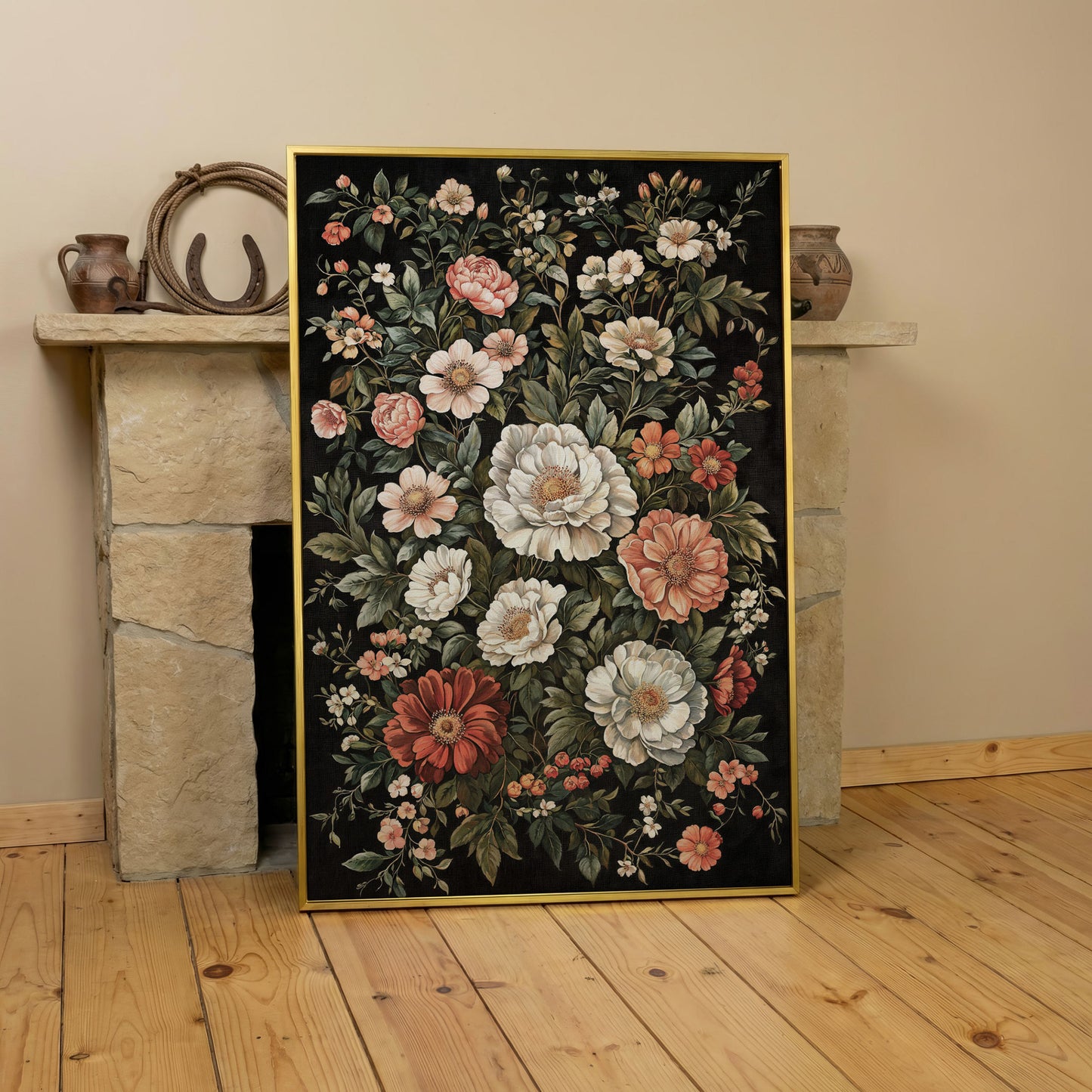 Dark Botanical Floral Canvas Print with Vintage Character in yellow gold floating frame