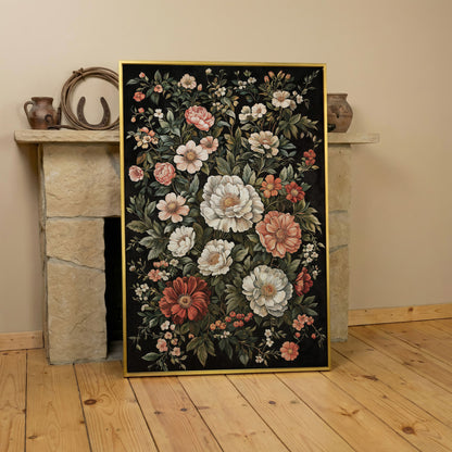 Dark Botanical Floral Canvas Print with Vintage Character in yellow gold floating frame