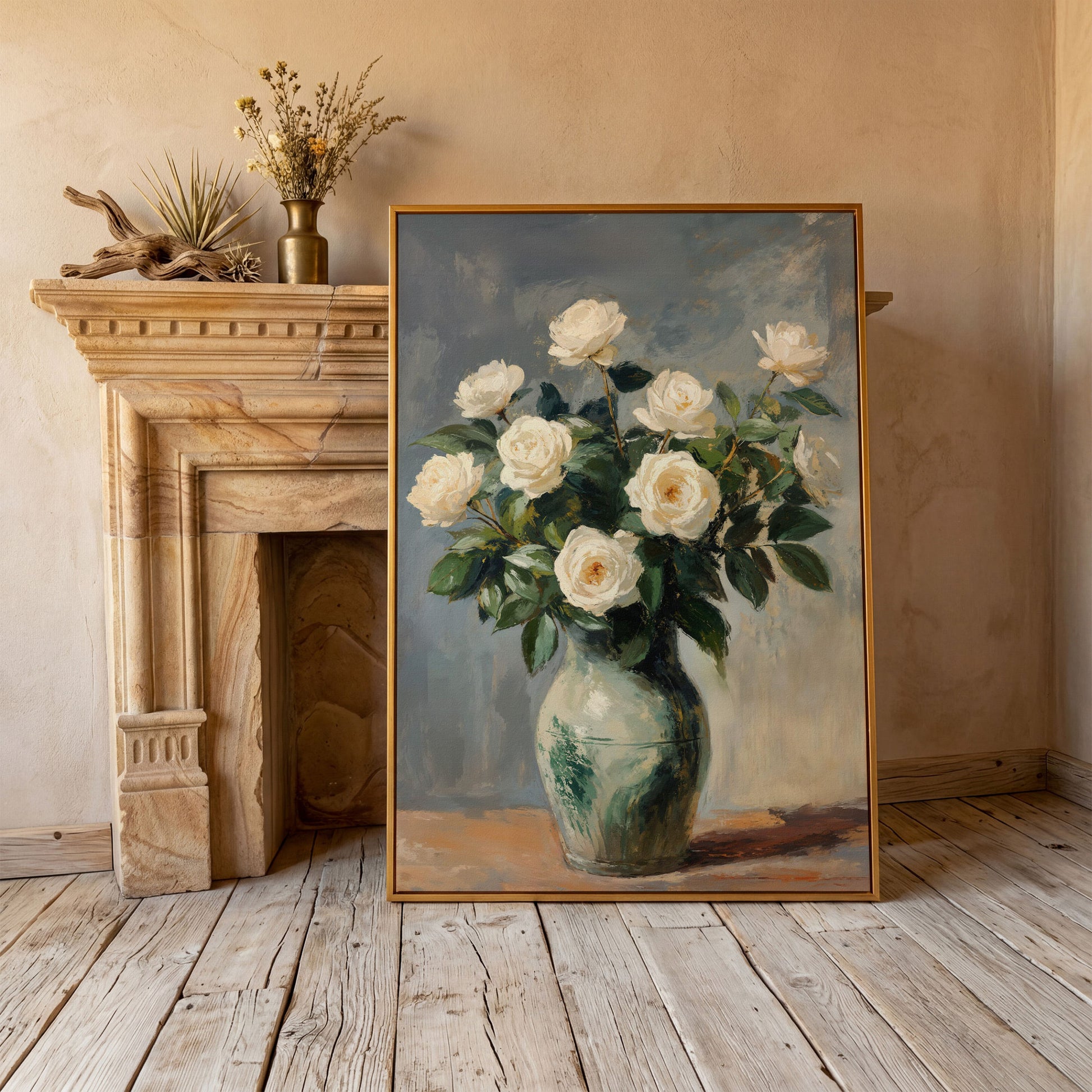 White Rose Still Life Canvas with Sage and Cream in antique gold floating frame