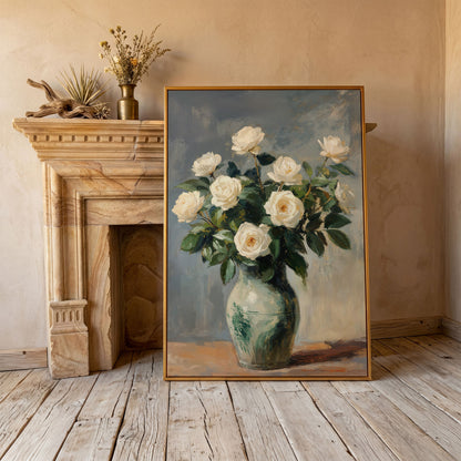 White Rose Still Life Canvas with Sage and Cream in antique gold floating frame