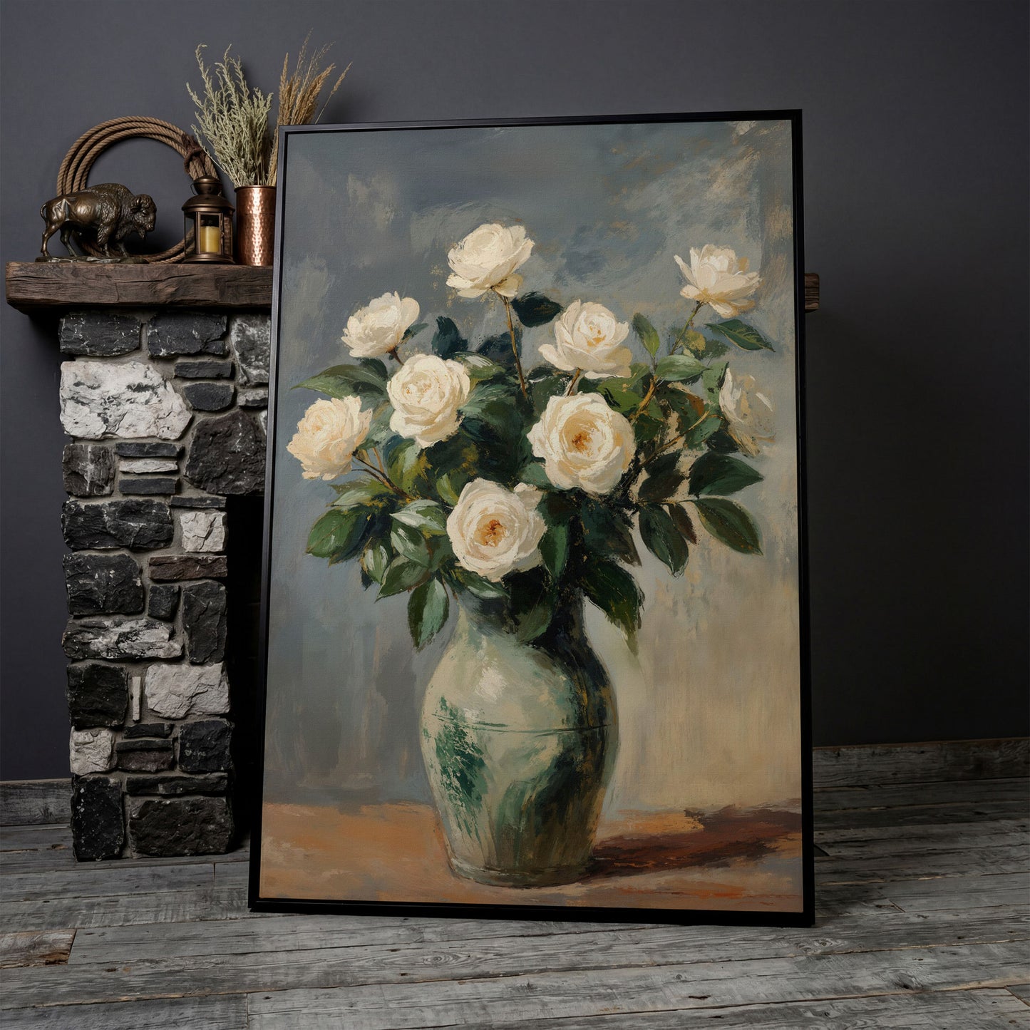 White Rose Still Life Canvas with Sage and Cream in black floating frame