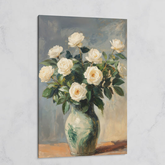 White Rose Still Life Canvas with Sage and Cream on gallery wrap