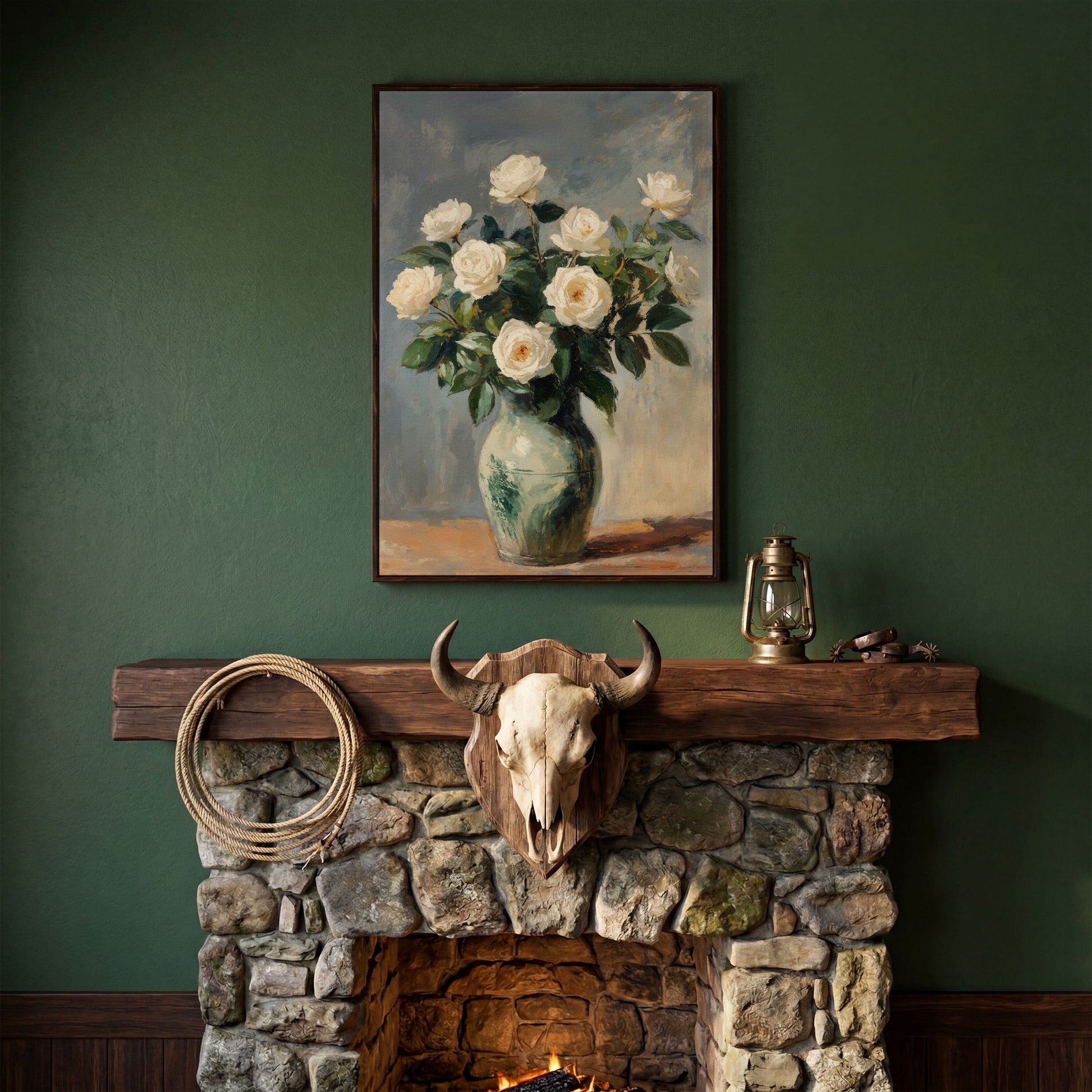 White Rose Still Life Canvas with Sage and Cream in dark walnut floating frame