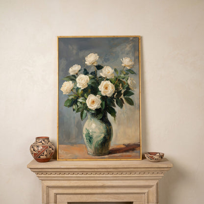 White Rose Still Life Canvas with Sage and Cream in white oak floating frame