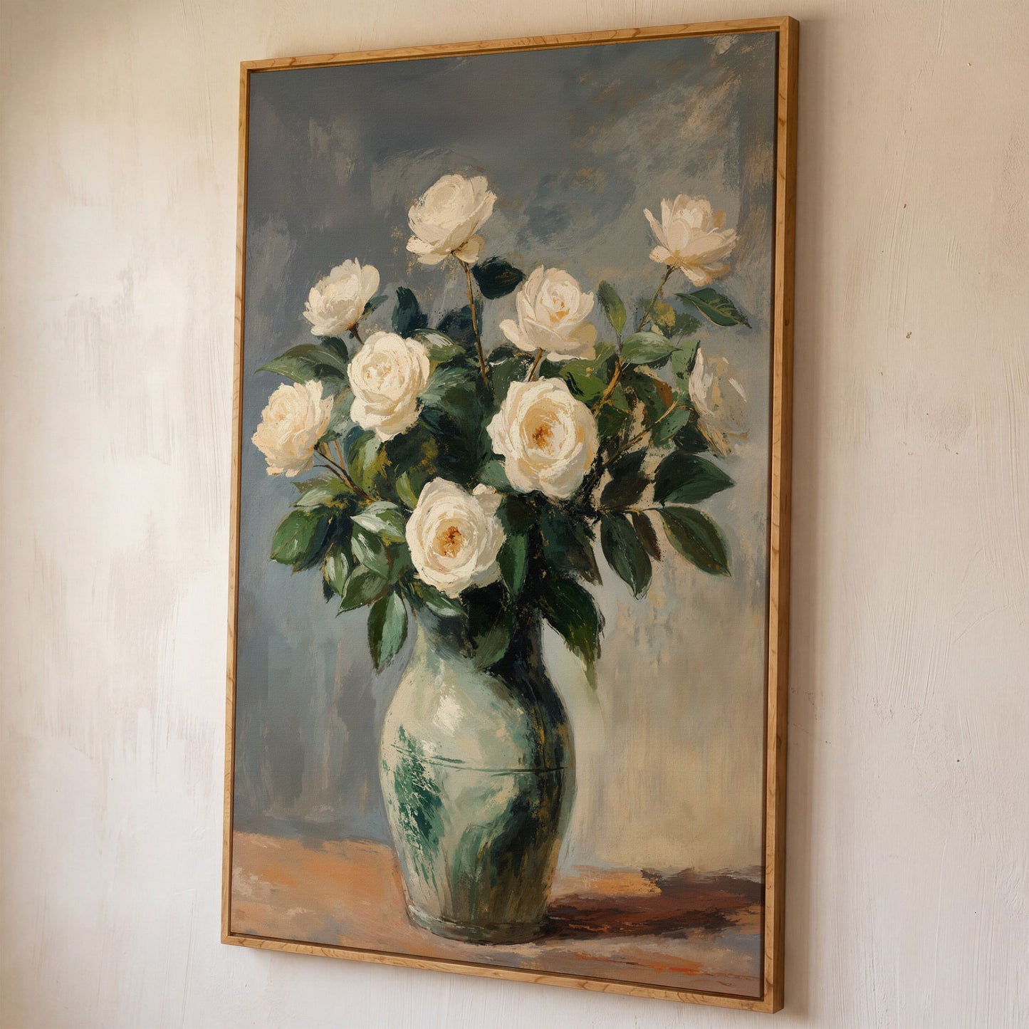 White Rose Still Life Canvas with Sage and Cream shown in white oak floating frame