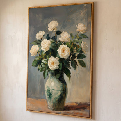 White Rose Still Life Canvas with Sage and Cream shown in white oak floating frame