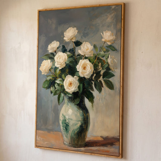 White Rose Still Life Canvas with Sage and Cream shown in white oak floating frame