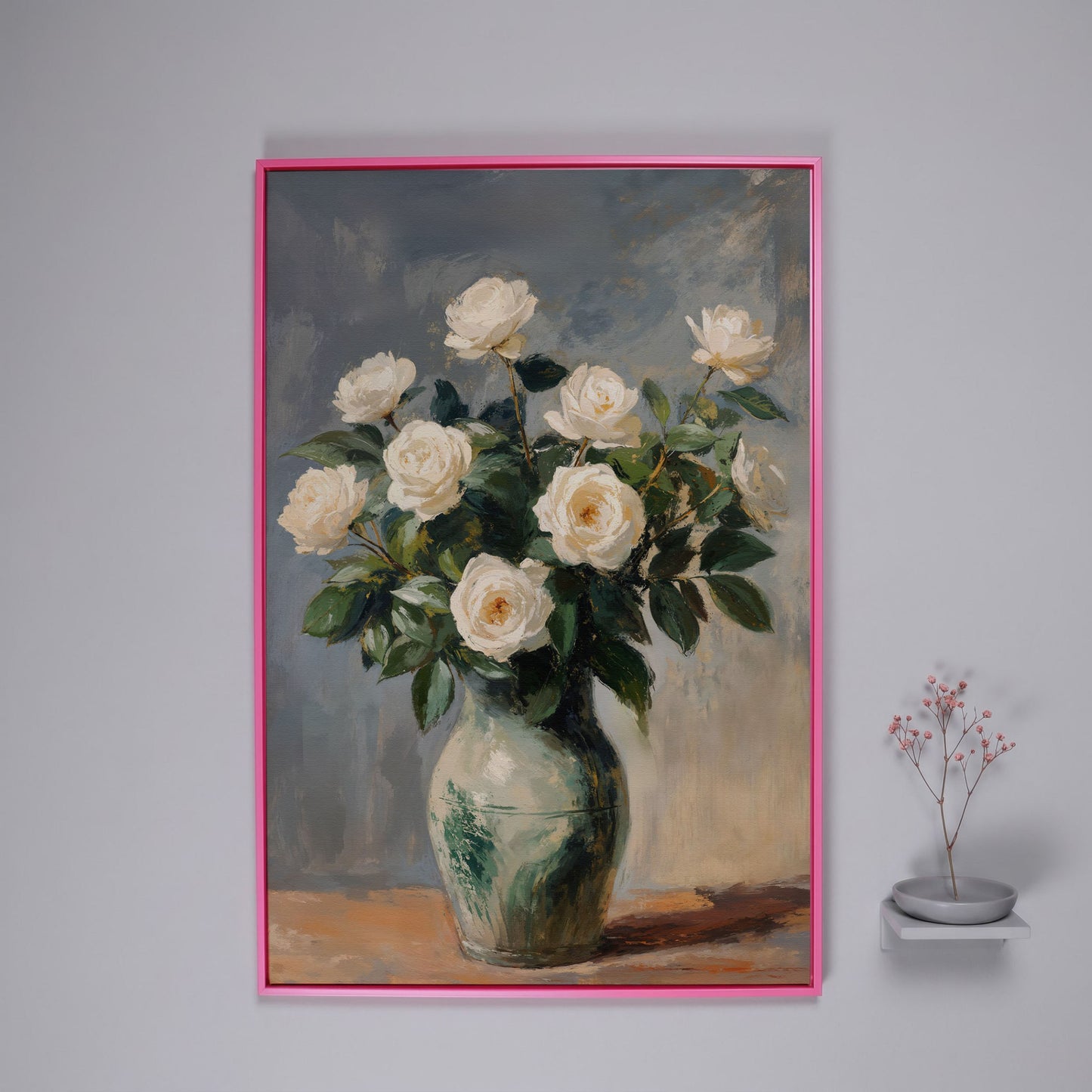 White Rose Still Life Canvas with Sage and Cream in pink floating frame