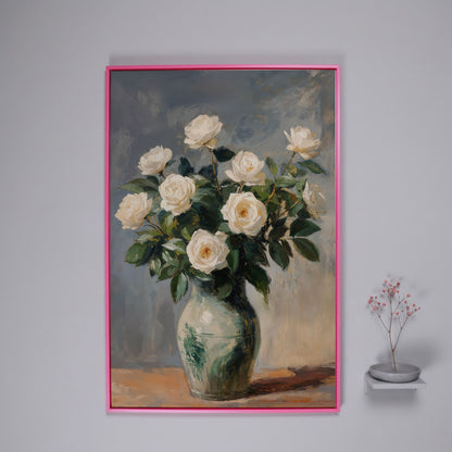 White Rose Still Life Canvas with Sage and Cream in pink floating frame