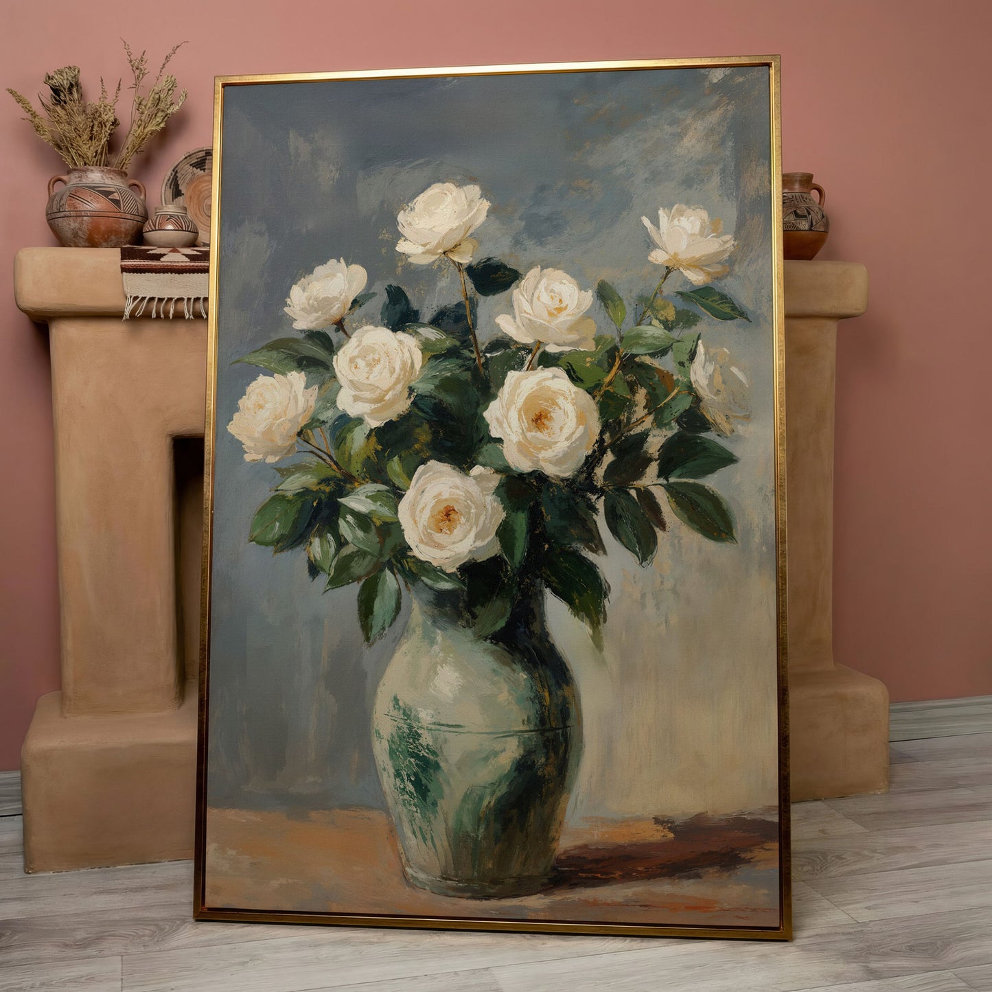 White Rose Still Life Canvas with Sage and Cream in rose gold floating frame