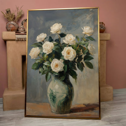 White Rose Still Life Canvas with Sage and Cream in rose gold floating frame