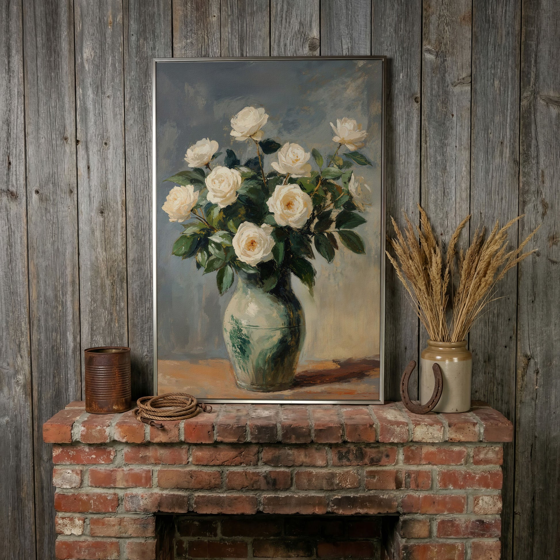 White Rose Still Life Canvas with Sage and Cream in silver floating frame