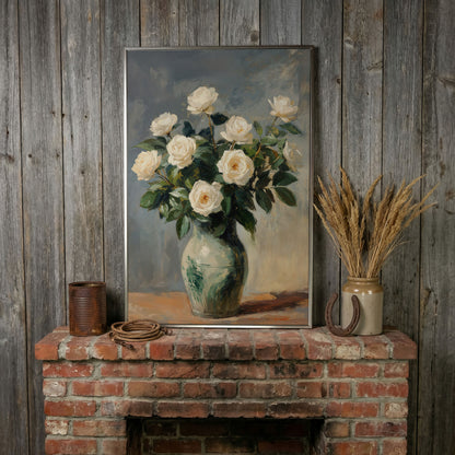 White Rose Still Life Canvas with Sage and Cream in silver floating frame