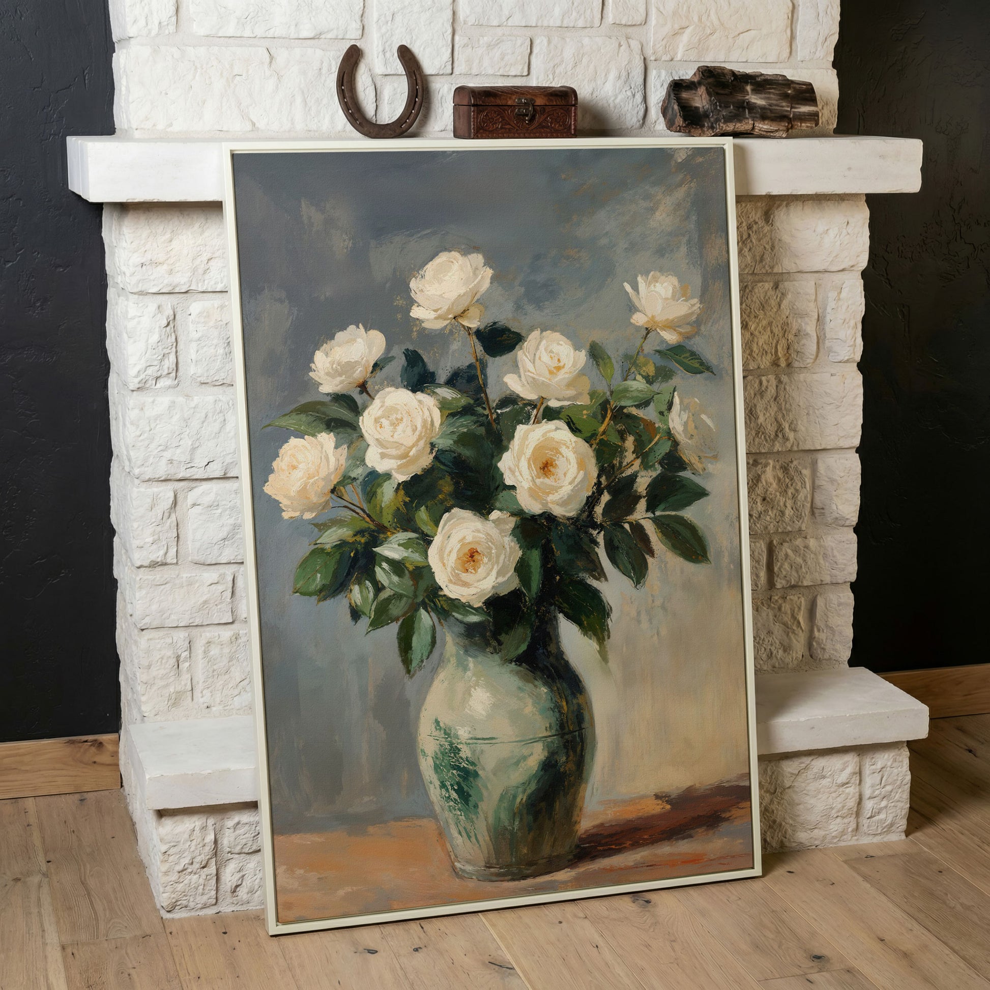 White Rose Still Life Canvas with Sage and Cream in white floating frame