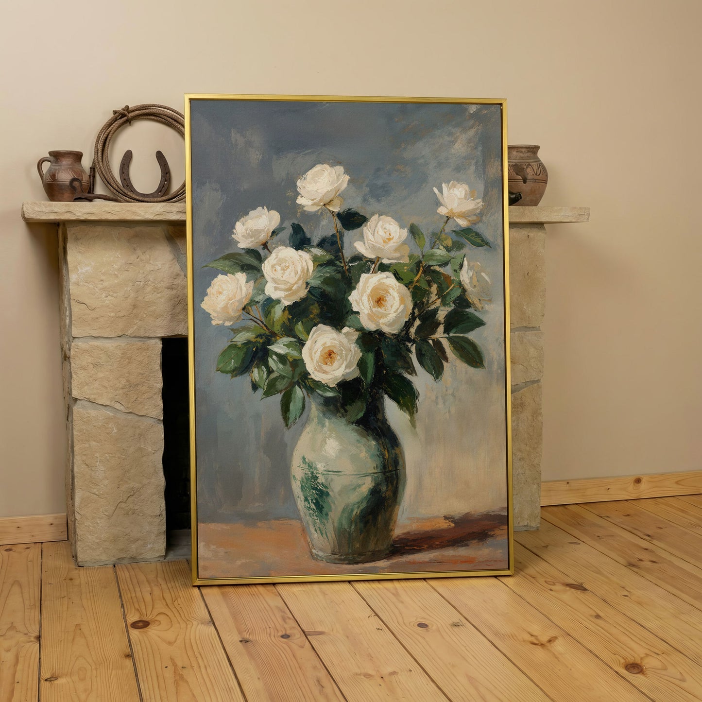 White Rose Still Life Canvas with Sage and Cream in yellow gold floating frame