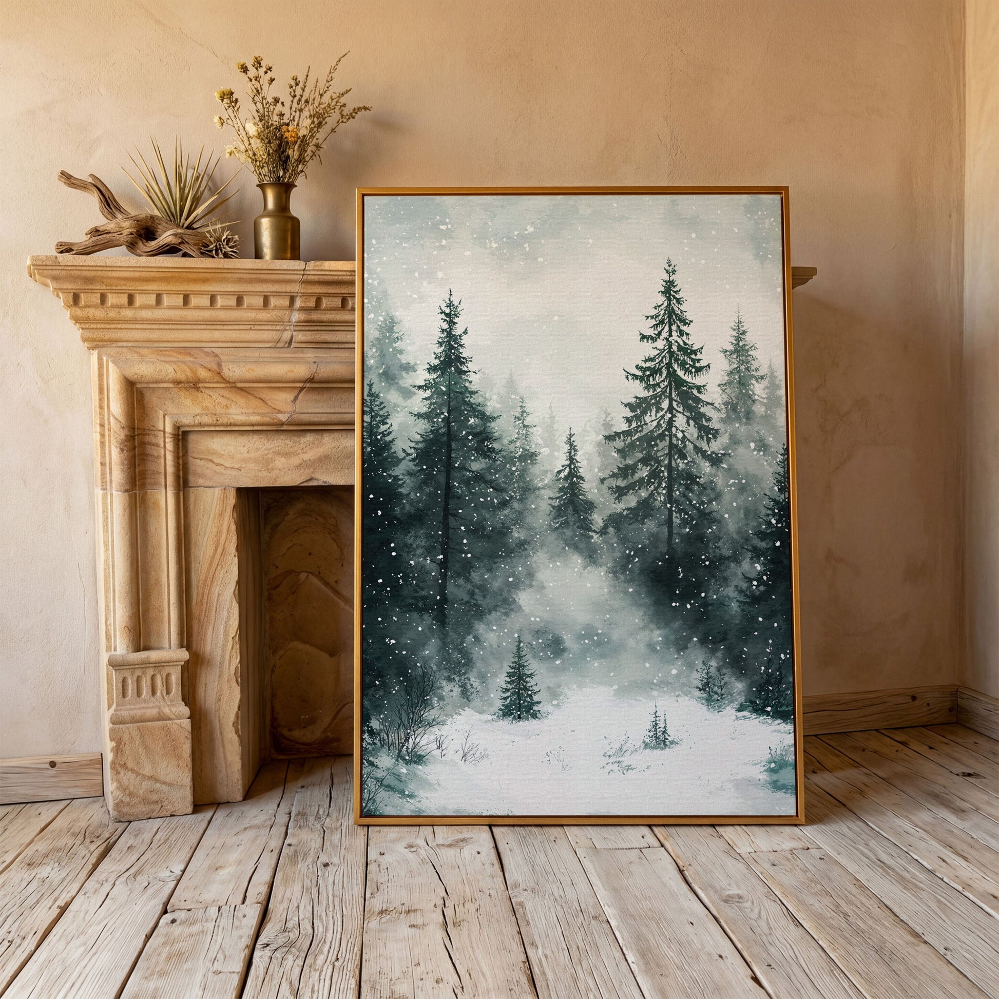Winter Forest Canvas, Snowy Pine Landscape Portrait in antique gold floating frame
