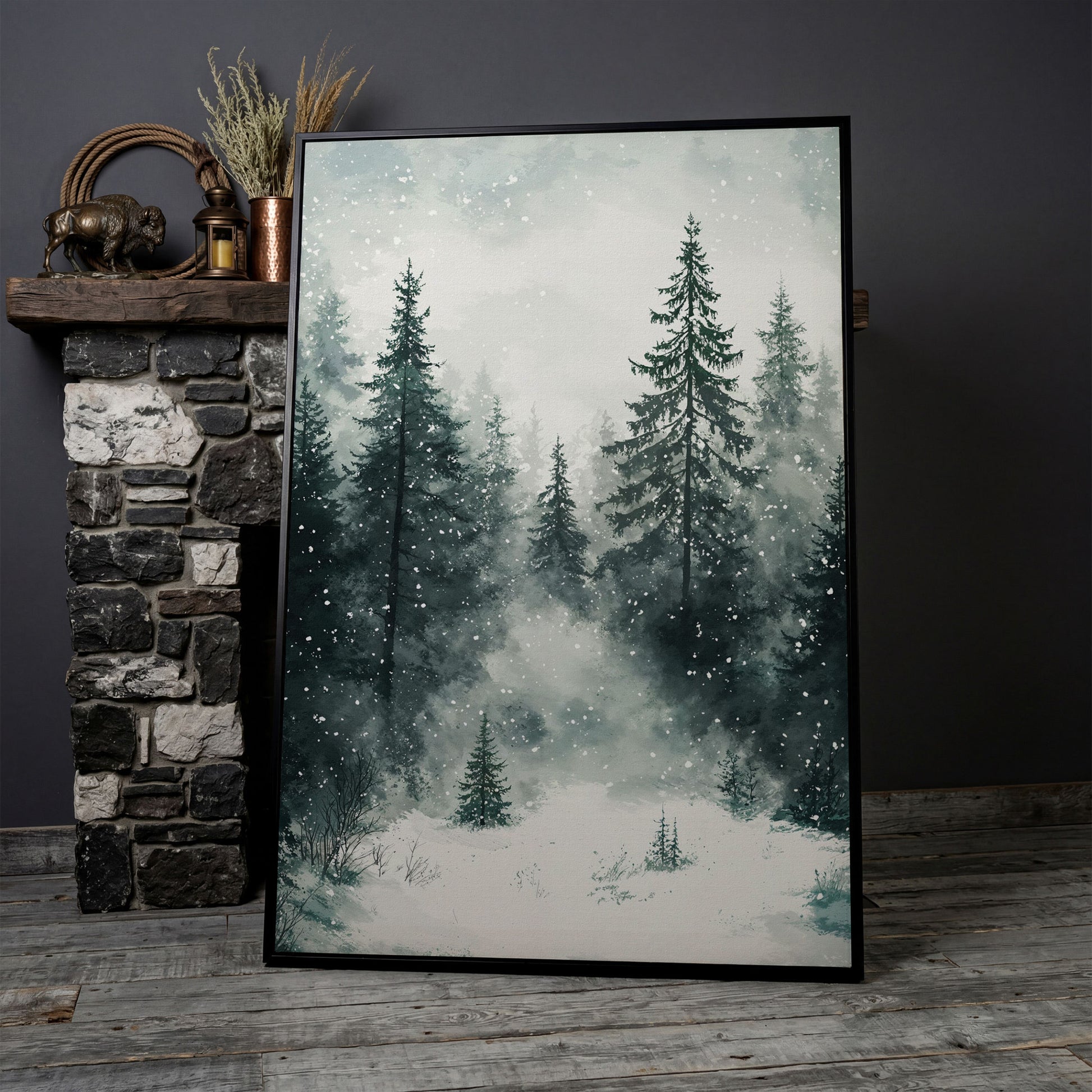 Winter Forest Canvas, Snowy Pine Landscape Portrait in black floating frame