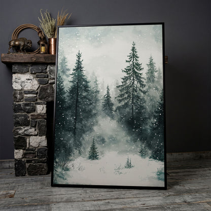 Winter Forest Canvas, Snowy Pine Landscape Portrait in black floating frame
