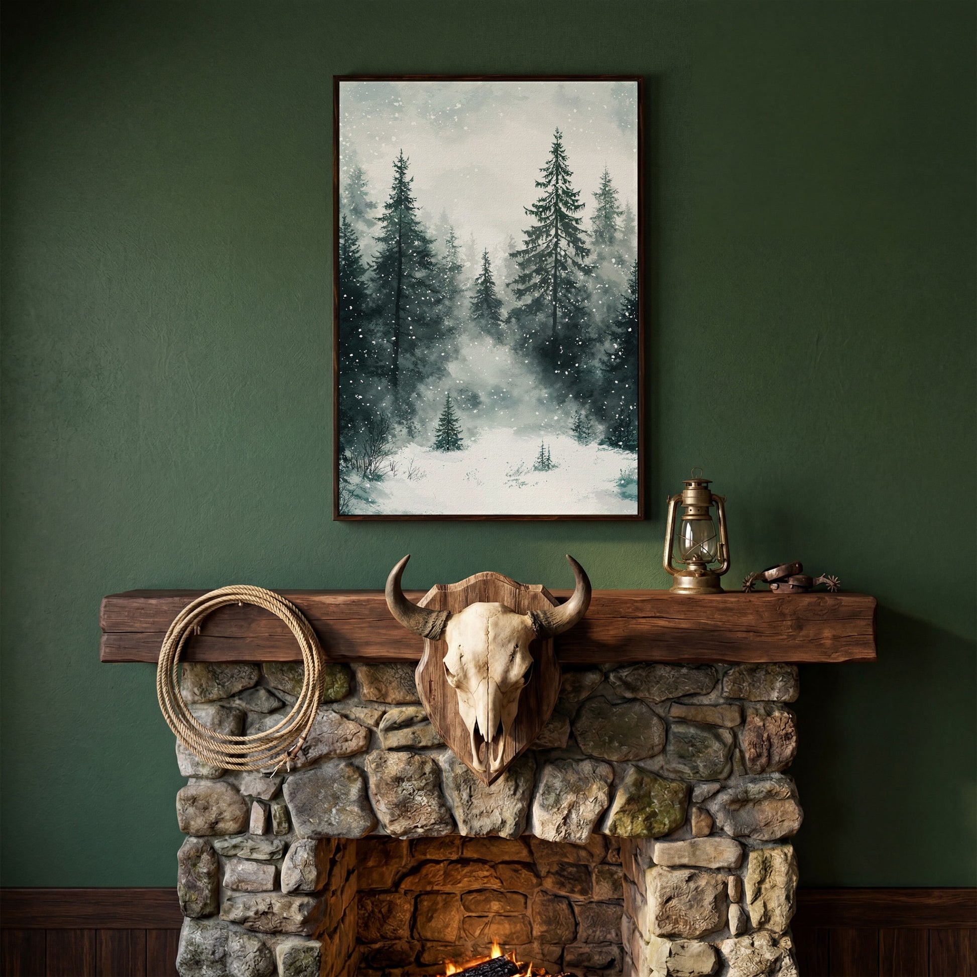 Winter Forest Canvas, Snowy Pine Landscape Portrait in dark walnut floating frame