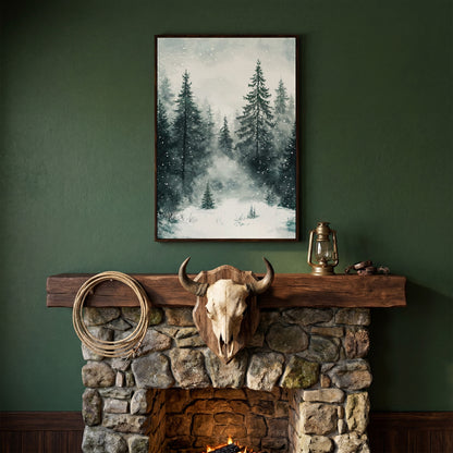 Winter Forest Canvas, Snowy Pine Landscape Portrait in dark walnut floating frame