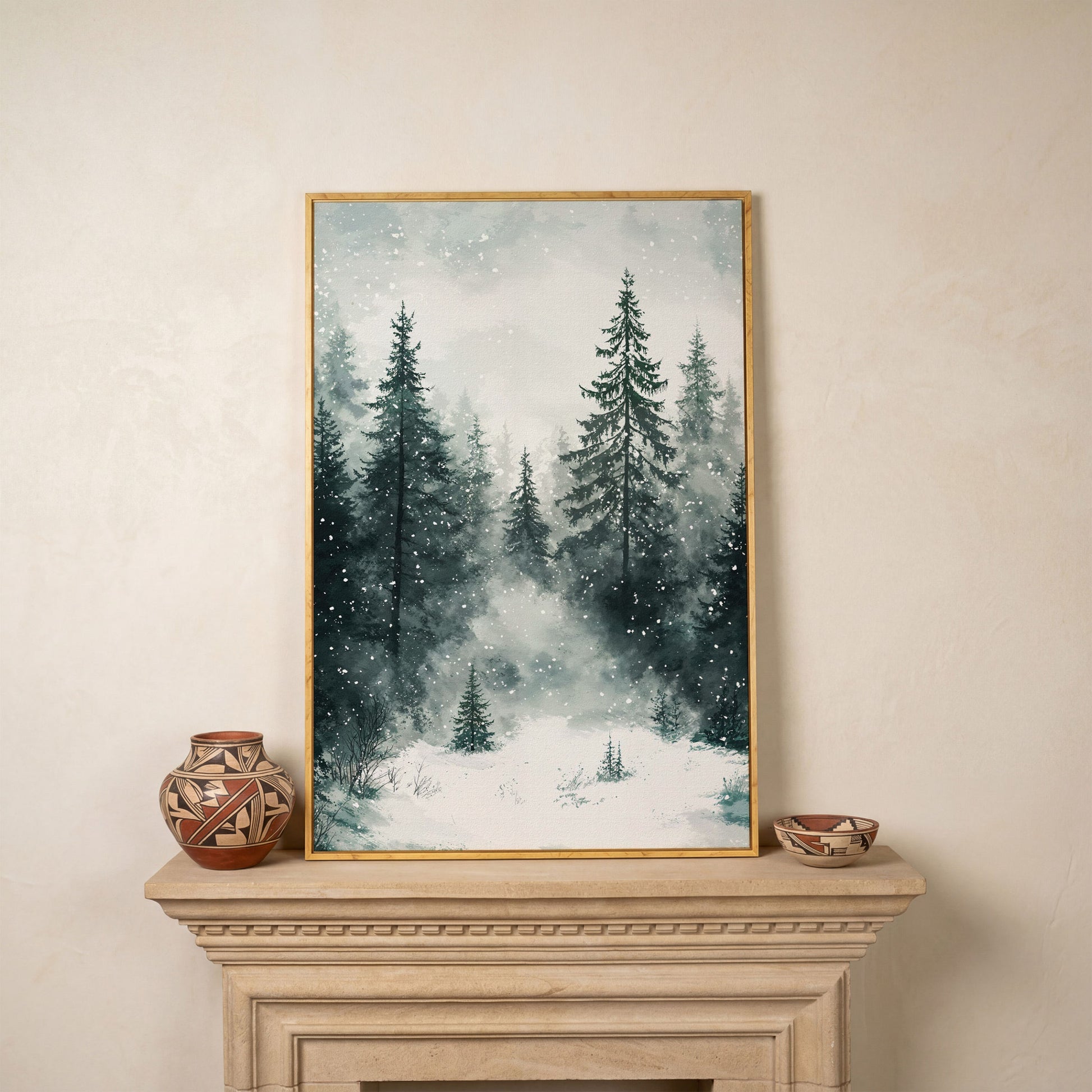 Winter Forest Canvas, Snowy Pine Landscape Portrait in white oak floating frame