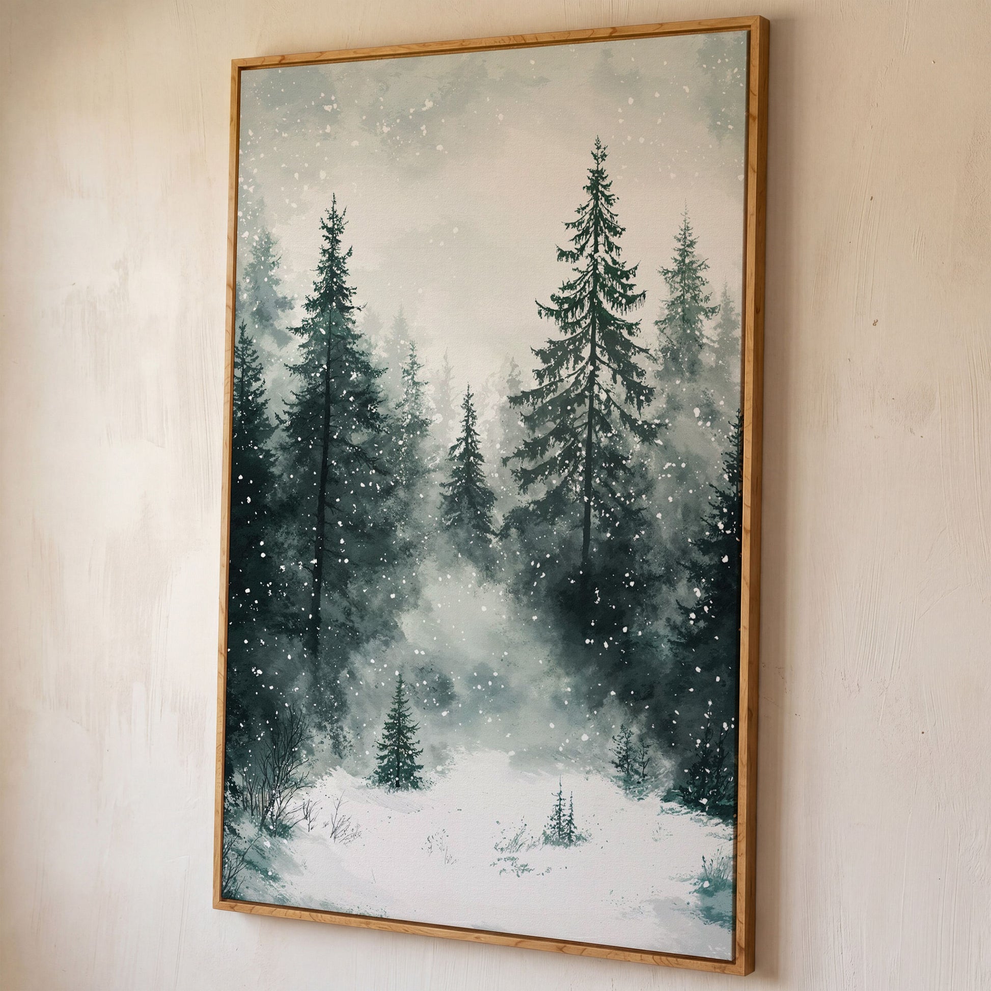 Winter Forest Canvas, Snowy Pine Landscape Portrait shown in white oak floating frame