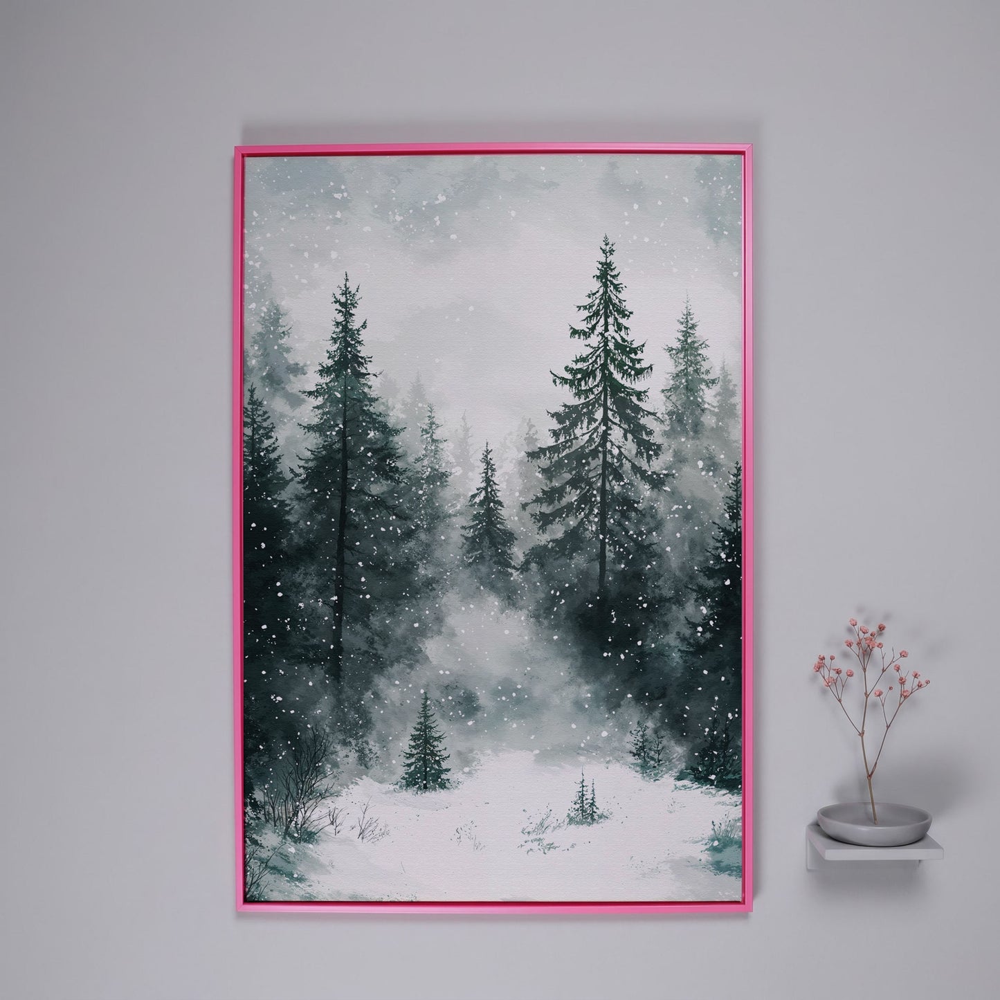 Winter Forest Canvas, Snowy Pine Landscape Portrait in pink floating frame