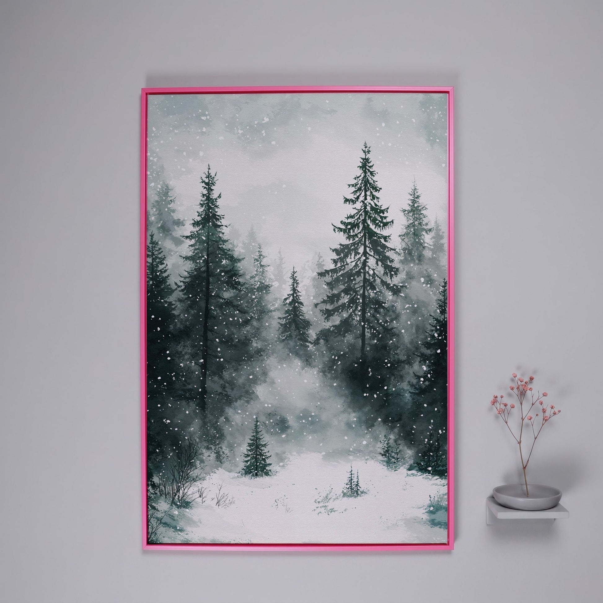 Winter Forest Canvas, Snowy Pine Landscape Portrait in pink floating frame