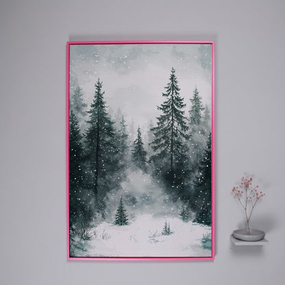 Winter Forest Canvas, Snowy Pine Landscape Portrait in pink floating frame